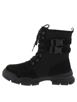 Elisa3 Black Lace Up Dual Buckle Combat Boot