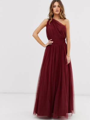 Asos Design One Shoulder Tulle Maxi Dress In Oxblood