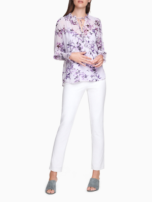 Printed Tie Neck 3/4 Chiffon Sleeve Top