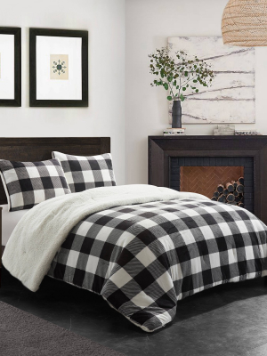 Dearfoams Buffalo Plaid Royal Plush Comforter Set With Sherpa Reverse