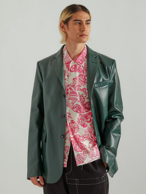 Faux Leather Blazer In Emerald Green