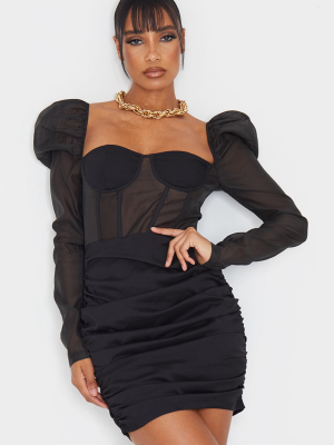 Black Matte Satin Puff Shoulder Underwired...