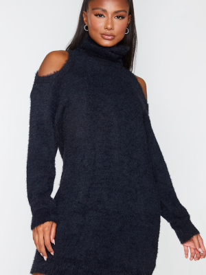 Black Eyelash Knit Roll Neck Cut Out Sweater Dress