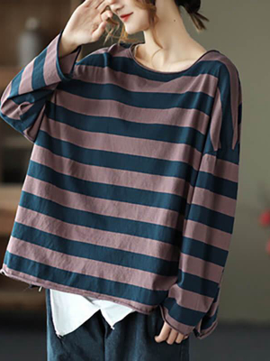 Plus Size - 100% Cotton Spring Casual Striped T-shirt