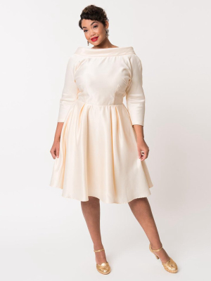 Unique Vintage Plus Size Cream Satin Sleeved Lana Bridal Dress