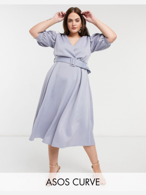 Asos Design Curve Exclusive Ruched Shoulder Belted Prom Midi Dress In Soft Blue