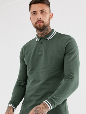 Asos Design Long Sleeve Tipped Pique Polo Shirt In Khaki