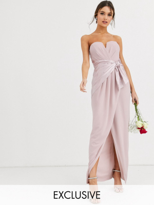 Tfnc Bridesmaid Bandeau Maxi Wrap Dress With Satin Front Detail In Taupe