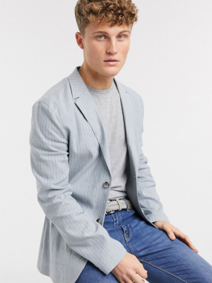 Asos Design Skinny Soft Tailored Linen Blazer In Light Blue Stripe