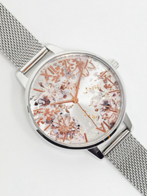 Olivia Burton Ob16vm46 Abstract Floral Mesh Watch In Silver