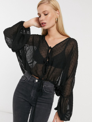 Asos Design Long Sleeve Sheer Dobby Plunge Top In Black