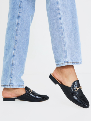 Black Croc Chunky Chain Flat Mules