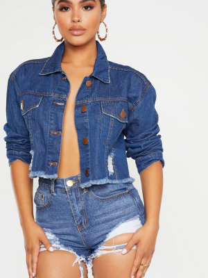 Petite Dark Wash Raw Edge Cropped Denim Jacket