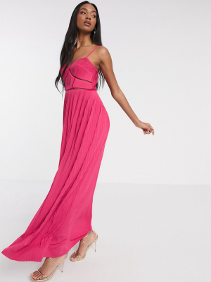 Asos Design Premium Cami Pleated Maxi Dress With Ladder Trim Detail In Pink