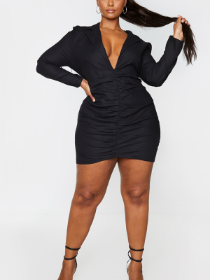 Plus Black Plunge Ruched Front Blazer Dress