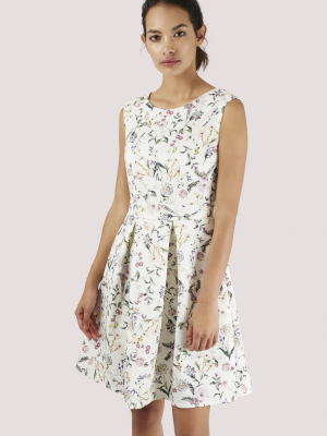 Ivory Floral V-back Pleated Dress