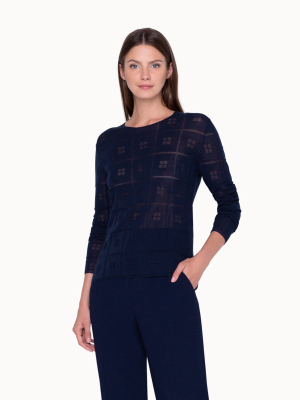 Long Sleeve Knit Pullover With Grid Pattern