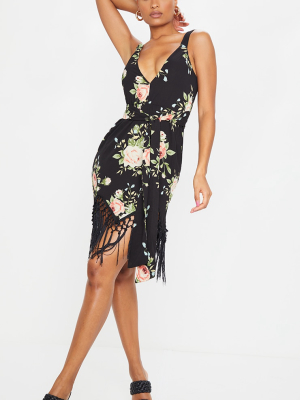 Black Floral Tassel Hem Midi Dress