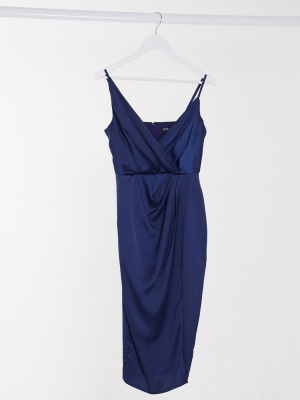 Little Mistress Satin Wrap Midi Dress In Navy