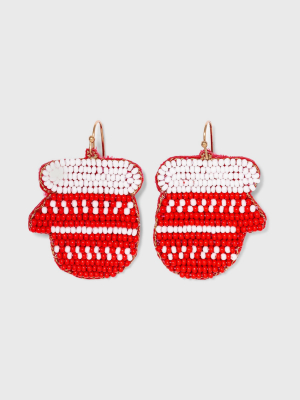 Holiday Beaded Mitten Earrings - Red