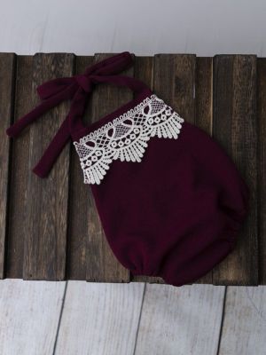 Bohemian Stitch Romper With Lace - Textured - Burgundy
