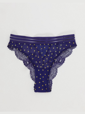 Asos Design Stella Navy Brazilian Panty With Gold Spots