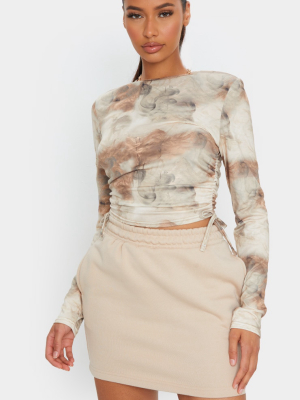 Beige Jersey Tie Ruched Side Long Sleeve Crop Top