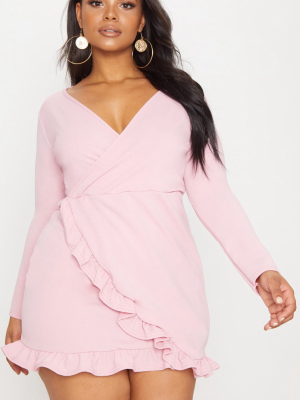 Plus Dusty Pink Long Sleeve Ruffle Wrap Dress