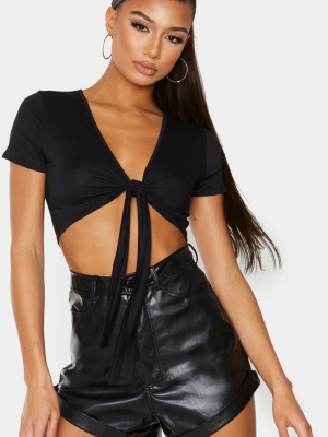 Black Jersey Tie Front Crop Top