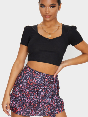 Black Ditsy Floral Ruffle Mini Skirt