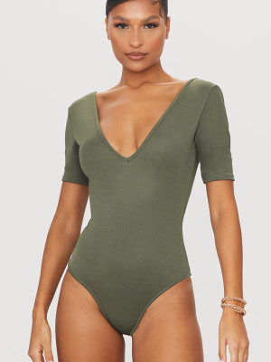 Khaki Crepe V Plunge Short Sleeve Bodysuit