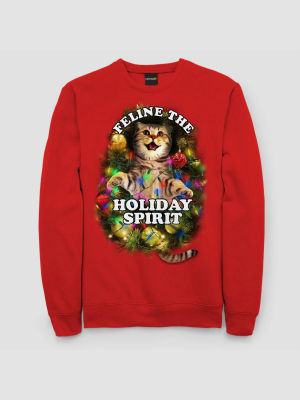 Men's Feline The Holiday Spirit Cat Ugly Christmas Holiday Fleece Sweatshirt - Red