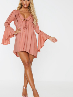 Pink Tie Front Frill Sleeve Beach Dress