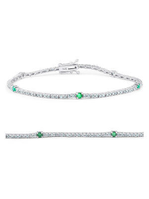 Pompeii3 1 1/10 Ct Diamond & Genuine Green Emerald Tennis Bracelet 14k White Gold 7"