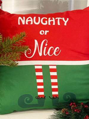 Elf - Naughty Or Nice Christmas Holiday Decorative Throw Pillow - 18"x18" - Elrene Home Fashions