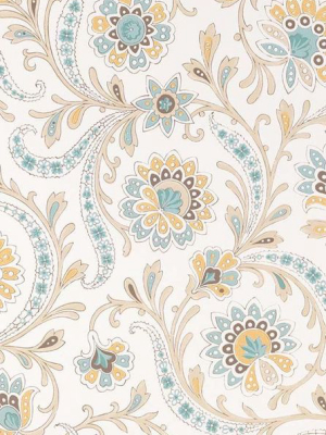 Sample Baville Wallpaper In Aqua And Ochre From The Les Indiennes Collection By Nina Campbell