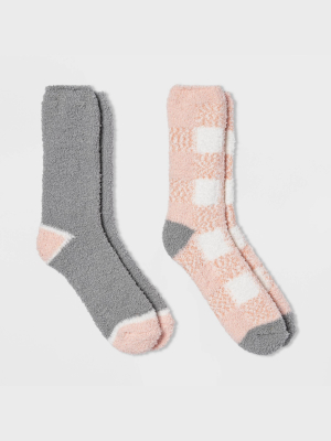 Women's Buffalo Check Plaid 2pk Cozy Crew Socks - Pink 4-10