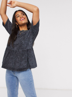 Asos Design Casual Smock Top In Washed Charcoal