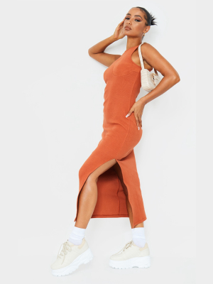 Rust Cup Detail Racer Split Midi Dress