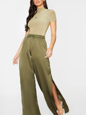 Khaki Satin Wide Leg Split Hem Pants