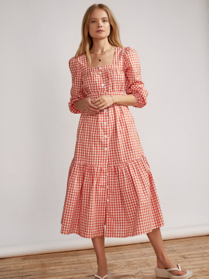 Regina Orange Gingham Midi Dress