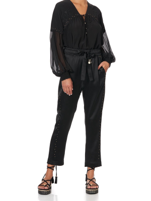 Blouson Blouse With Neck Tie Solid Black