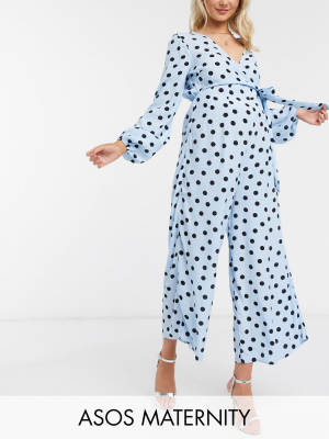 Asos Design Maternity Wrap Tie Jumpsuit In Blue Polka Dot