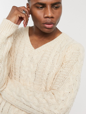 Asos Design Heavyweight Cable Knit V-neck Sweater In Cream