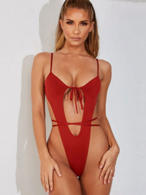 Solid Self Tie Strappy Cutout High Leg Thong One Piece Swimsuit