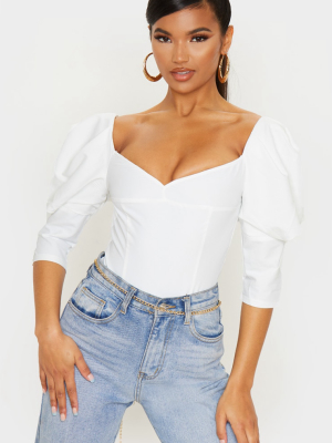 White Woven Puff Sleeve Bodysuit