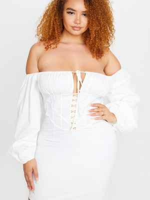 Plus White Corset Detail Bardot Puff Sleeve...