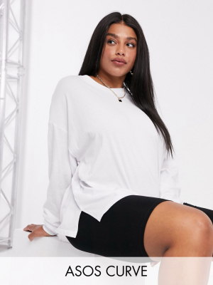 Asos Design Curve Oversized Long Sleeve T-shirt With Cuff Detail In White