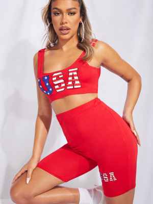 Red Usa Printed Crop Top