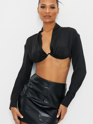 Black Satin V Wire Underbust Cropped Shirt